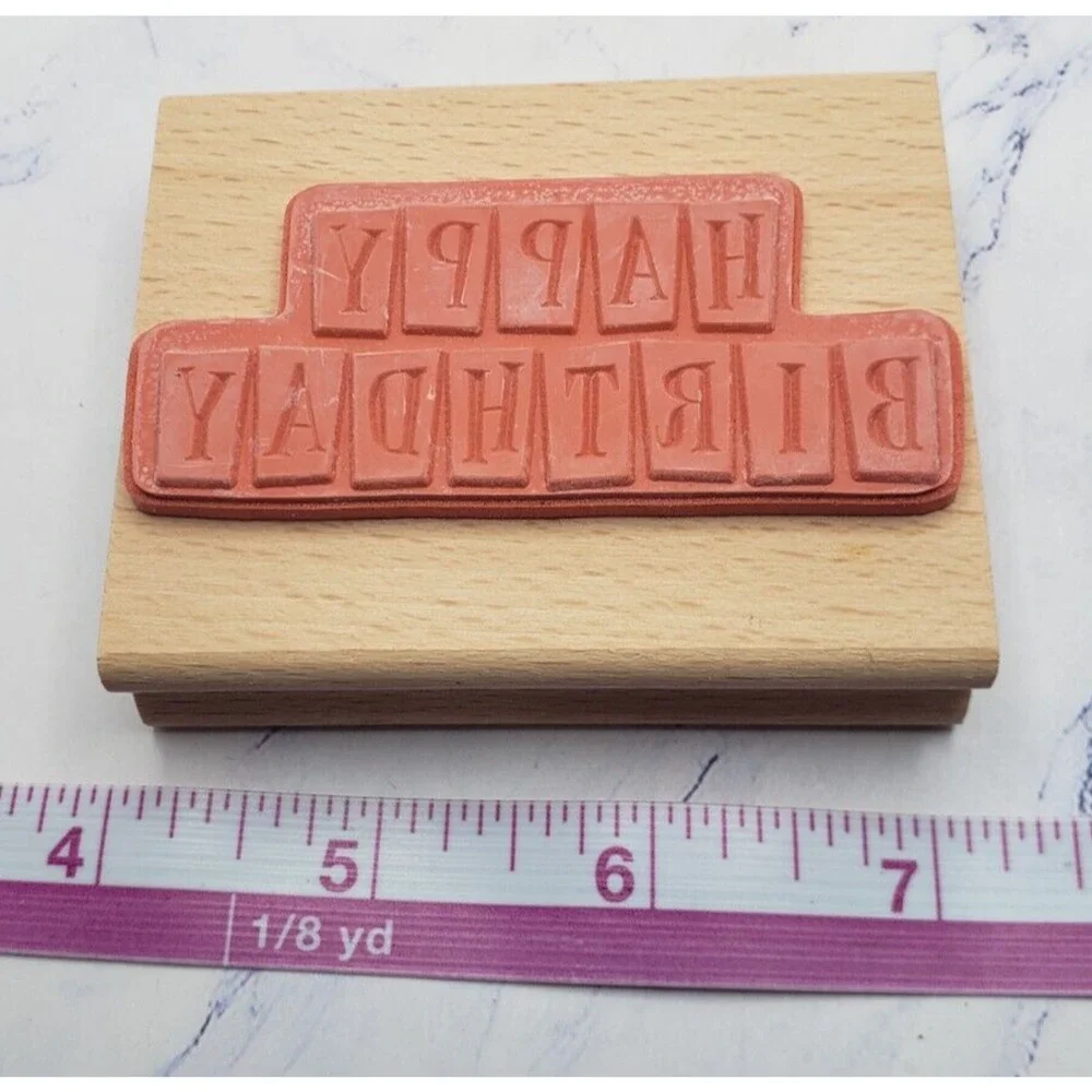 Happy Birthday Block Letters Greenbrier Wood Mounted Rubber Stamp
